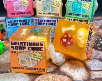 Gelatinous Cube Soap- Orange Creamsicle- with D20 - 5 oz- Geek Gift - DnD - RPG -  Gamer Gift