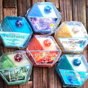 Spell Casters D20 Soap Bar - Real d20 Die Inside- Choose Your Scent - 4 oz | Geek Gift | Gamer | DND | Dungeons and Dragons | Hexagon Soap