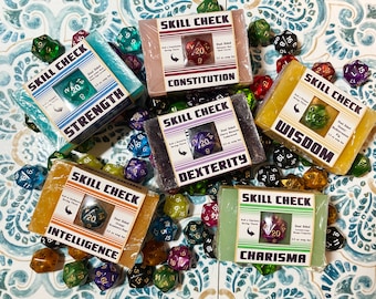 FULL SET -Schicklichkeitscheck-Seife mit d20- Sechs Seifen | Geek Geschenk | Dungeons and Dragons | ttrpg | Dungeon Master Geschenk | Nerdige Geschenke | Würfel