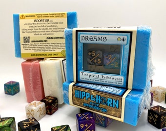 Booster Soap - DREAMS - Tropical Hibiscus scented- 4 oz Soap with Two D6 Counter Dice - Magic the Gathering Inspired - TTRPG Gift