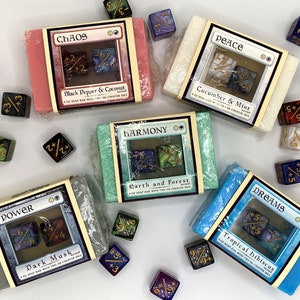 Booster Soap HARMONY Earth and Forest scented 4 oz Soap with Two D6 Counter Dice Magic the Gathering Inspired TTRPG Gift Bild 2