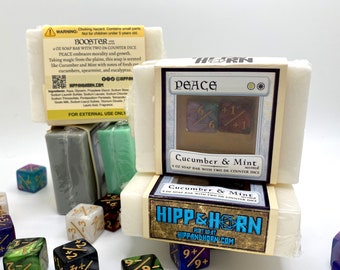 Booster Soap - PEACE - Cucumber and Mint scented- 4 oz Soap with Two D6 Counter Dice - Magic the Gathering Inspired - TTRPG Gift