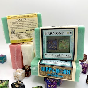 Booster Soap HARMONY Earth and Forest scented 4 oz Soap with Two D6 Counter Dice Magic the Gathering Inspired TTRPG Gift image 1