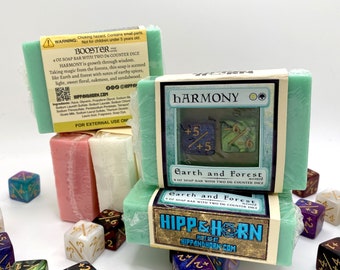 Booster Soap - HARMONY - Earth and Forest scented- 4 oz Soap with Two D6 Counter Dice - Magic the Gathering Inspired - TTRPG Gift