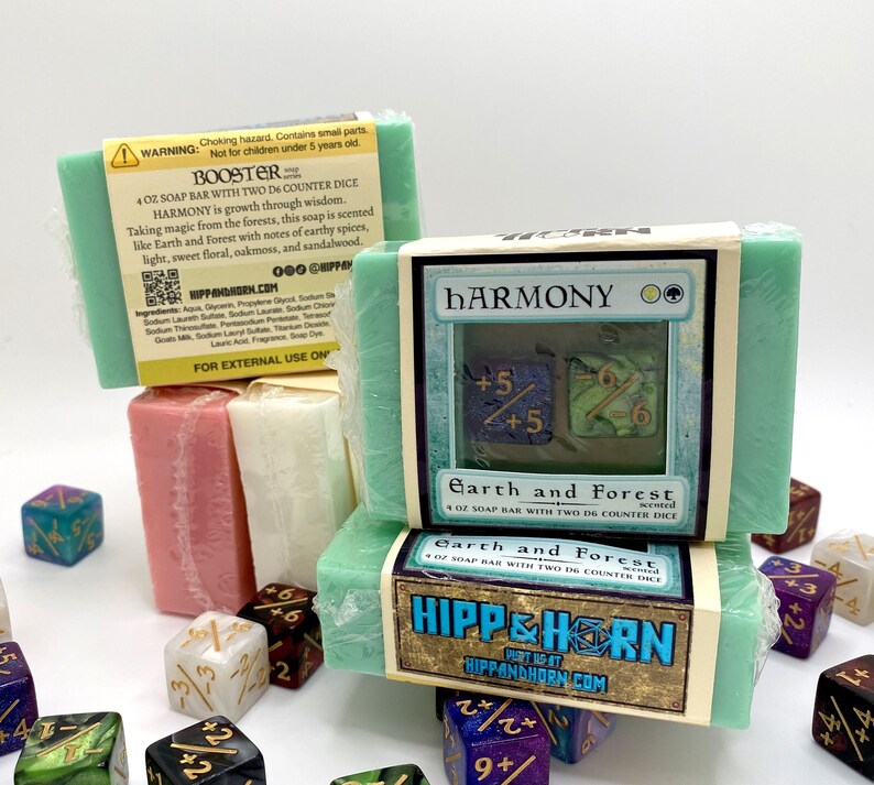 Booster Soap HARMONY Earth and Forest scented 4 oz Soap with Two D6 Counter Dice Magic the Gathering Inspired TTRPG Gift Bild 1
