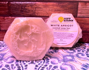 WHITE APRICOT Scented Loofah Embedded Soap | 4 oz | Gift for Mom | Spa Day | Mother's Day Gift | Loofah Scrub Soap | Apricot Soap