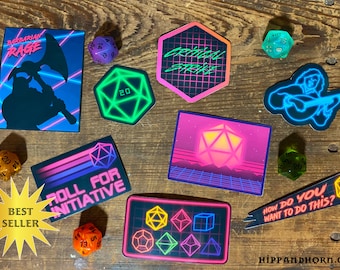 Neon 80's D&D Themed 9-Piece Sticker Set  | Geek Gift | Gamer | DND | RPG | Dungeons and Dragons Stickers