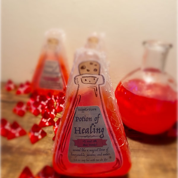 Healing Potion Soap with two d4 dice inside - 5.8 oz  | Geek Gift | Gamer | DND | RPG | Dungeons and Dragons | Greater Healing