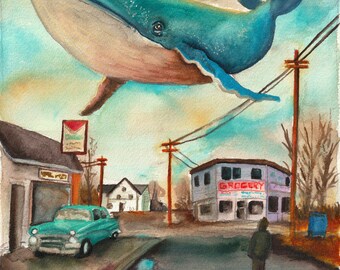 Don't Look Up- Whale Poster Print (Choose your size) Original art by Ben Hipp - Surreal Watercolor Painting Art Print Wall Art