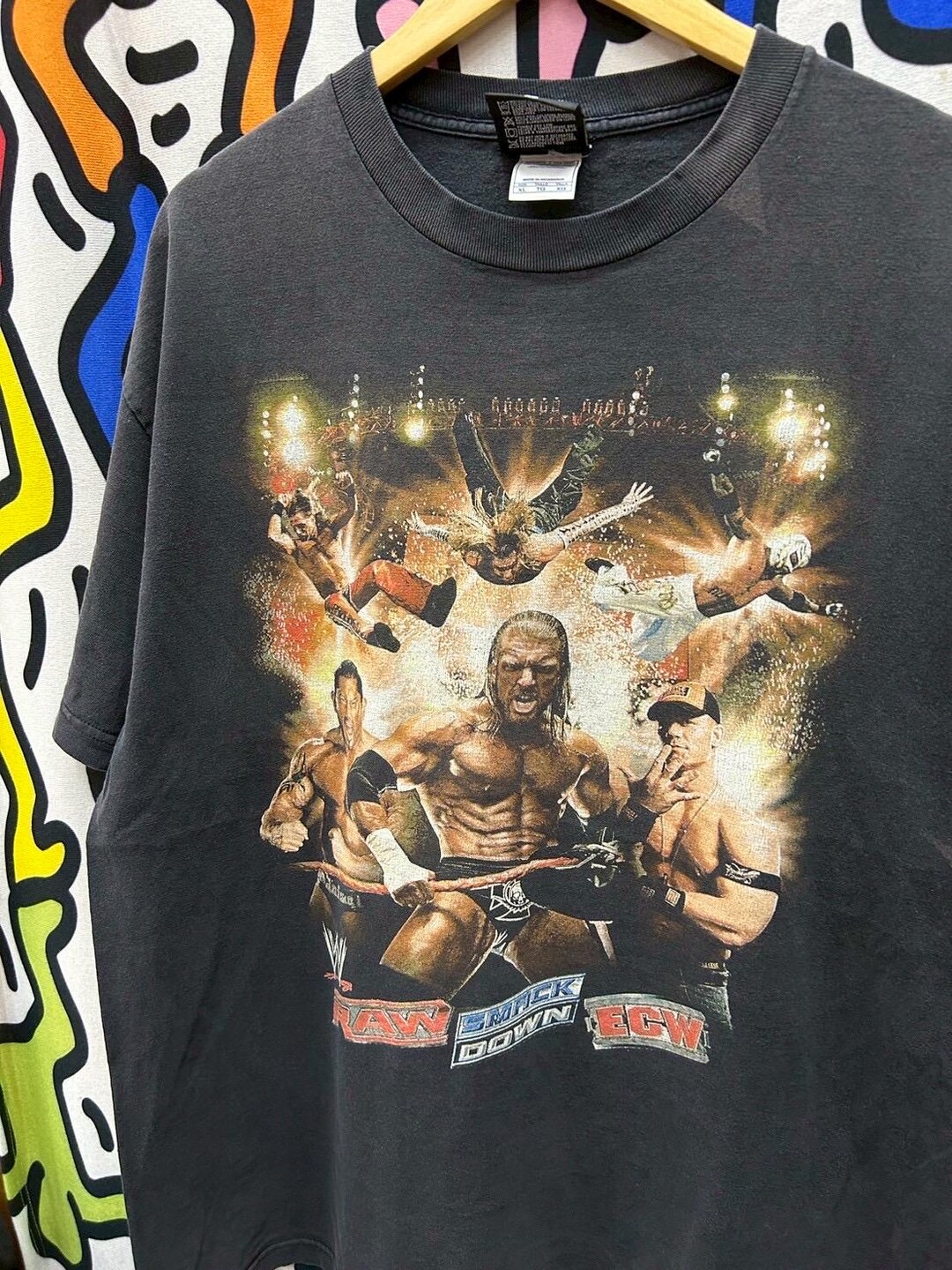Chemise Vintage WWE Raw – John Cena – Batista – Mysterio – Noire Délavée – Années 2000 – Taille L