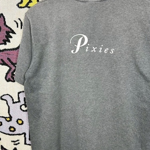 Puede incluir: Una camiseta gris con la palabra "Pixies" en escritura blanca en la espalda. La camiseta tiene cuello redondo y mangas cortas. El fondo es una tela estampada colorida.