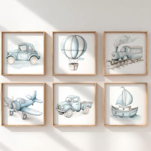 Travel Boy Nursery Wall Art Vintage Transportation Square Prints Blue Car Truck Hot Air Balloon Boat Plane Train Baby Boy Wall Art Decor