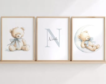 Personalized Teddy Bear Nursery Print Set of 3, Blue Gingham Bow (Digital Download)