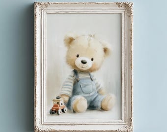 Vintage Teddy Bear Nursery Wall Art Printable – Blue Baby Boy Room Decor, Kids Room Wall Art Download, Baby Boy Nursery Wall Art Printable