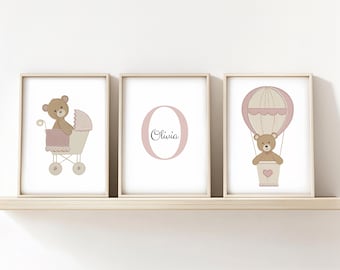 Teddy Bear Wall Art Prints Set of 3, Baby Girl Nursery, Teddy Bear in a Pram and Hot Air Balloon Personalised Nursery Name Sign