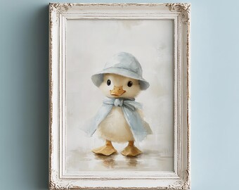 Söt anka väggkonst för barnrum, blå barnrumsdekor, dekortryck för babypojke, utskrivbar konst för vintage ankamålning för barnrumsdekor, babyshowerpresent