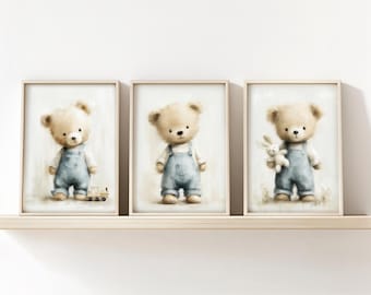 Set of 3 Teddy Bear Wall Art Nursery Painting, Baby Boy Room Decor, Vintage Teddy Bear Wall Art Rustic Nursery Printable, Boy Bedroom Print