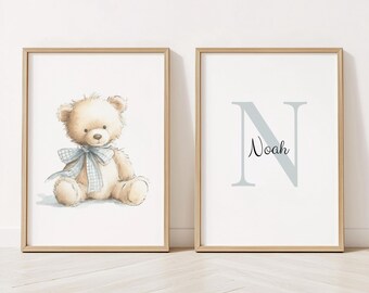 Teddy Bear Wall Art Print Set of 2, Baby Boy Nursery, Custom Name, Personalised Nursery Name Sign