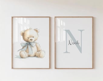 Juego de 2 impresiones artísticas de pared de osito de peluche, habitación de bebé niño, nombre personalizado, letrero con nombre personalizado para habitación de bebé