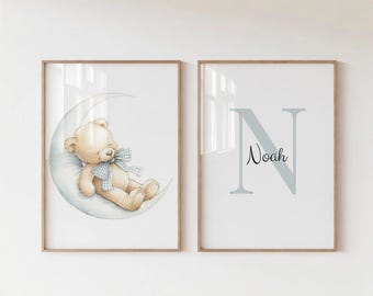 Decoración de pared para habitación de bebé con osito de peluche, impresión de osito de peluche, juego de 2, habitación de bebé niño: osito de peluche durmiendo, nombre personalizado, letrero personalizado para habitación de bebé