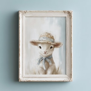 Cute Lamb Nursery Wall Art, Blue Nursery Decor, Baby Boy Decor Print, Vintage Lamb Painting Printable Art Kids Room Decor, Baby Shower Gift