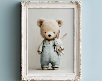 Vintage Teddy Bear Nursery Wall Art Printable – Blue Baby Boy Room Decor, Cute Kids Wall Art Download, Baby Boy Nursery Wall Art Printable