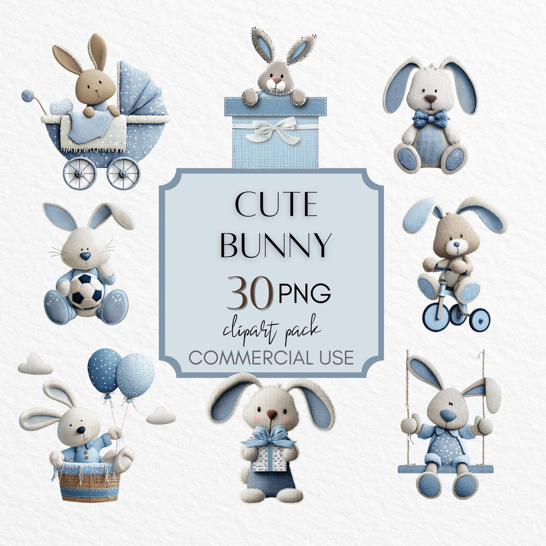 Blue Bunny Clipart PNG | Cute Blue Bunny Digital Prints | Nursery Wall ...