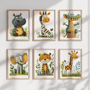 Safari Nursery wall art print, Set of 6 Safari Animal Prints, Colorful Playroom Wall Art, Cute Animal Safari Kids Room Decor Printable Art