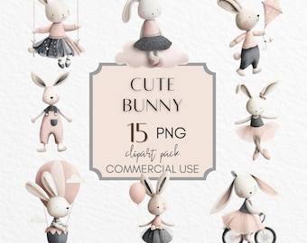 15 Bunny Clipart PNG | Cute Pink Bunny Digital Prints | Nursery Wall Art, Baby Shower Invitations, Kids Room Decor, Printable Clip Art Set