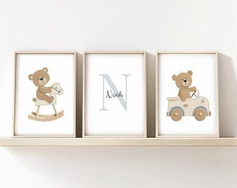 Teddy Bear Wall Art Prints Set of 3, Baby Boy Nursery, Teddy Bear on Rocking Horse and Car, Personalised Nursery Name Sign