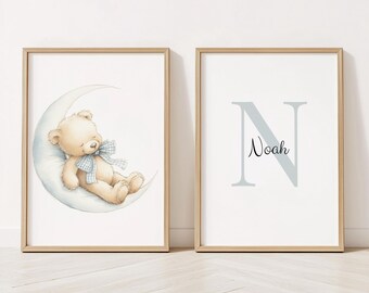 Teddy Bear Nursery Wall Art,  Teddy Bear Print, Set of 2, Baby Boy Nursery: Sleeping Teddy Bear Custom Name, Personalised Nursery Name Sign