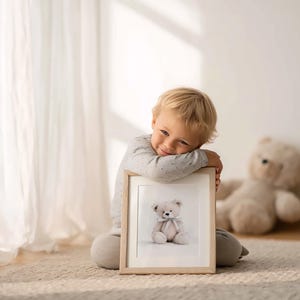 May include: A framed print of a teddy bear with a bow. The print is held by a child. The print has a light wooden frame. A stuffed teddy bear is in the background. The room has a neutral colour palette.