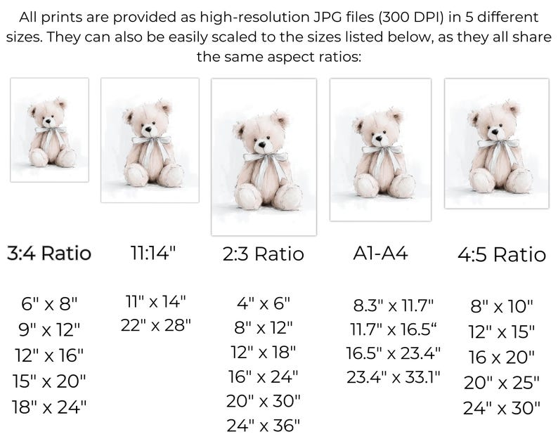 May include: Five art prints showcasing a beige teddy bear with a light grey ribbon. The prints are available in various sizes, including 15.2cm x 20.3cm, 27.9cm x 35.5cm, and 10.1cm x 15.2cm, with different aspect ratios. The image text states the prints are high-resolution JPG files.