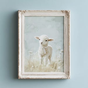 Cute Lamb Nursery Wall Art, Blue Nursery Decor, Baby Boy Decor Print, Vintage Lamb Painting Printable Art Kids Room Decor, Baby Shower Gift