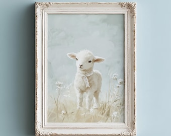 Cute Lamb Nursery Wall Art, Blue Nursery Decor, Baby Boy Decor Print, Vintage Lamb Painting Printable Art Kids Room Decor, Baby Shower Gift