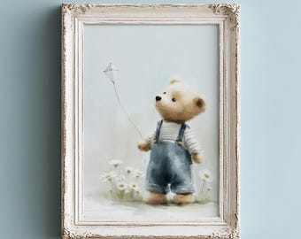 Vintage Teddy Bear Nursery Wall Art Printable – Blue Baby Boy Room Decor, Cute Kids Wall Art Download Nursery Decor Print, Cute Teddy Bear