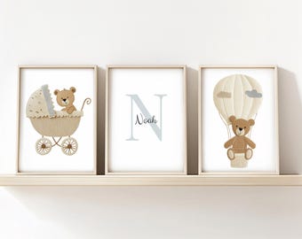 Teddy Bear Wall Art Prints Set of 3, Baby Boy Nursery, Teddy Bear in a Pram and Hot Air Balloon: Personalised Nursery Name Sign