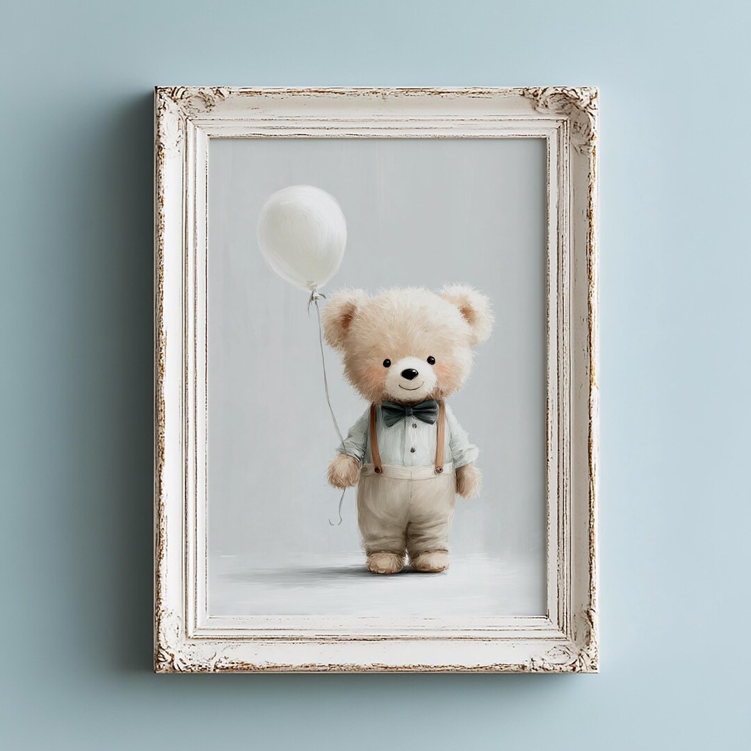 Vintage Nursery Teddy Bear Wall Art Printable, Blue Baby Boy Room Decor ...