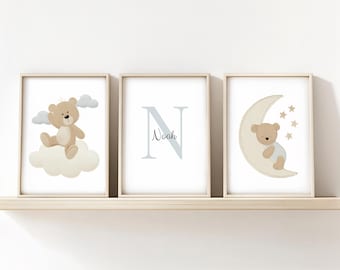 Teddy Bear Nursery Print Set of 3, Teddy Bear on Cloud and Moon: Custom Name Baby Boy Art (Digital Download)