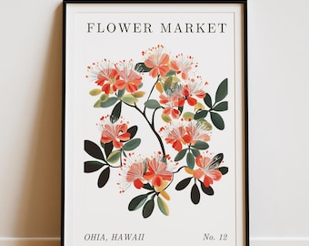 Ohia Hawaiian Flower Market Poster, Kauai, Hawaii, Oahu, Maui, Big Island, Floral, Native Flower, Hanalei, Kapa&#39;a, Lihue, Koloa, Poipu Beach