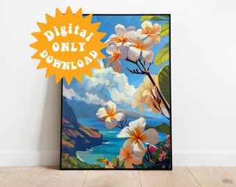 Plumeria Flower Art, Descarga digital Kauai, Hawái, Arte impreso, Regalo Hawaiian Deco, Flor hawaiana, Montaña, Princeville, Botánica, Flor