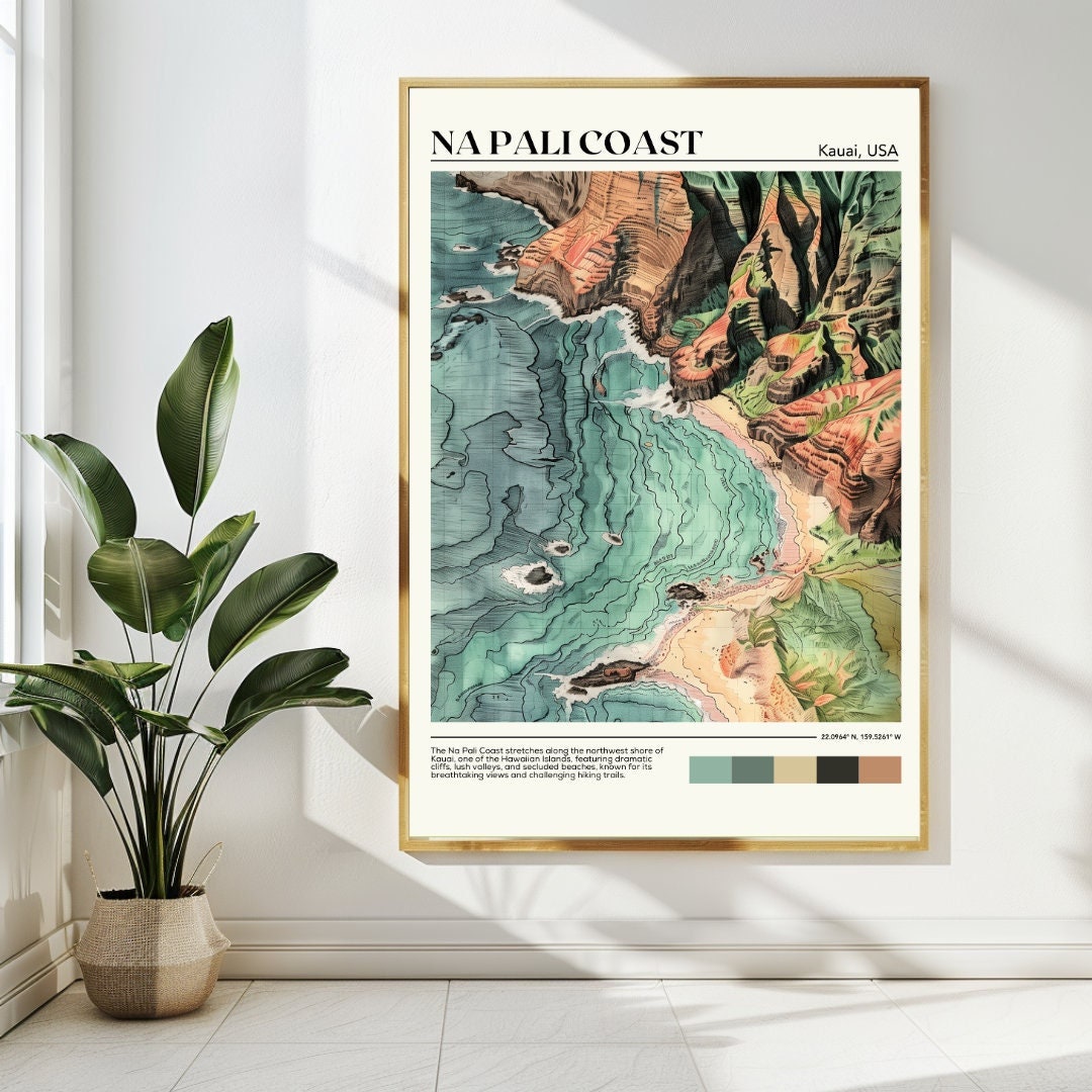 Napali Coast Travel Print Art Topography Poster Hawaii Wall Art Decor Napali Coast Gift Napali Coast Artwork Napali Coast Art Hawaii Decor