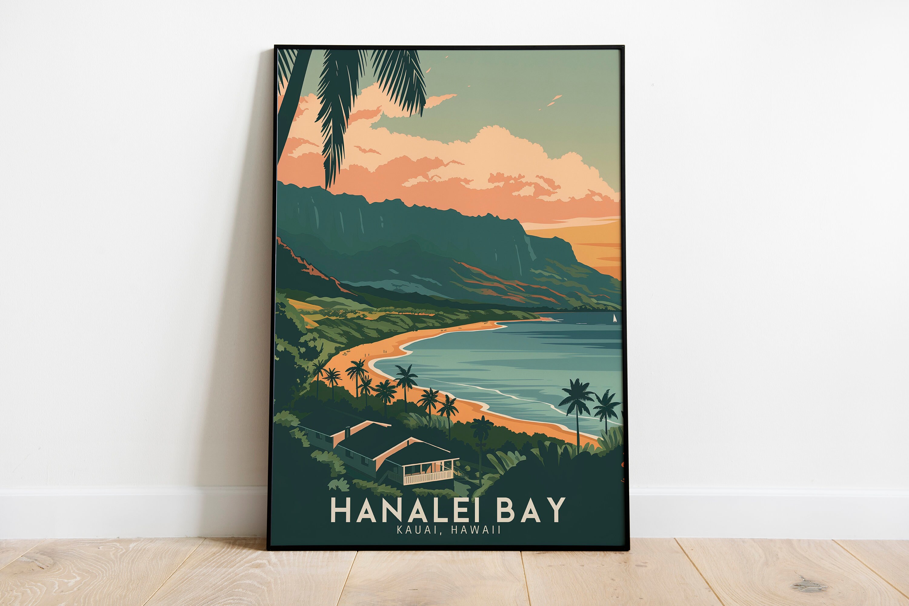 Hanalei Bay, Kauai, Hawaii, Print Art Framed Photo, Gift Hawaiian Decor, Hawaiian Pier, Princeville, Mountain, Hanalei, Coastal Waves