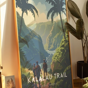 May include: A framed poster with a scenic view of a lush green valley with a river running through it. The poster features three hikers walking along a trail in the valley. The poster is titled "Kalalau Trail, Kauai, Hawaii".