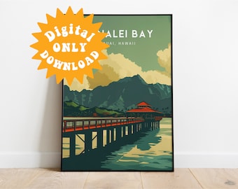 Hanalei Bay, Kauai, Hawaii, Print Art, Digital Download, Gift Hawaiian Decor, Hawaiian Pier, Princeville, Mountain, Hanalei, Coastal Waves