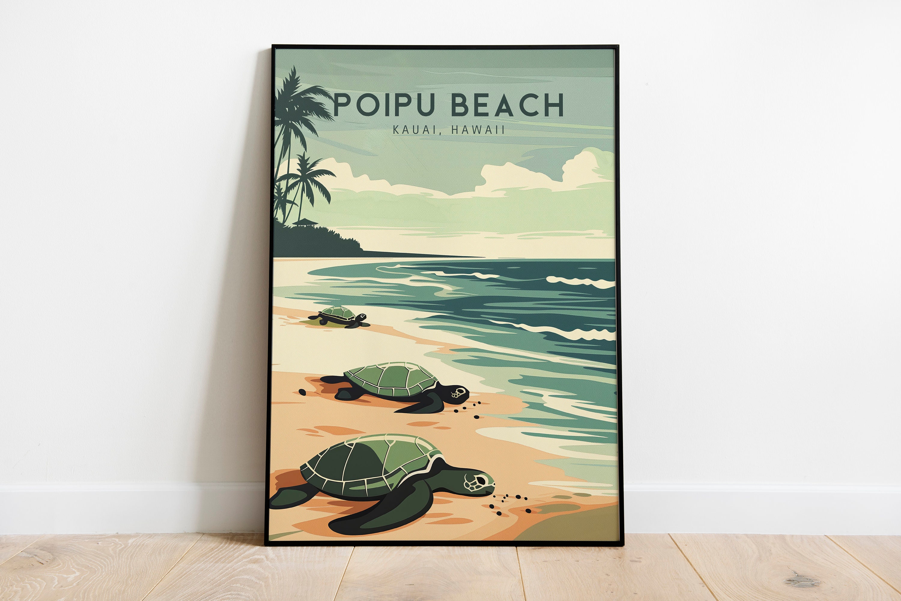 Poipu Beach Art, Kauai, Hawaii, Print Art Framed Photo, Gift Hawaiian Decor, Beach, Sea Turtles, Hawaiian Green Turtle Giant