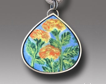 Marigolds  Enamel  Pendant Sterling Silver Necklace with Enameled Centerpiece