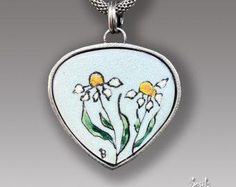 Summer Daisies  Enamel  Pendant Sterling Silver Necklace with Enameled Centerpiece