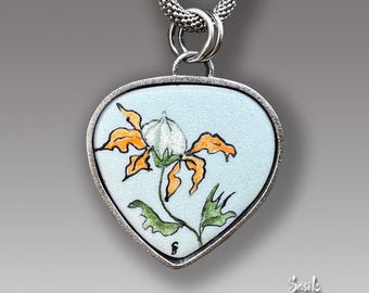 Wild Flower  Enamel  Pendant Sterling Silver Necklace with Enameled Centerpiece
