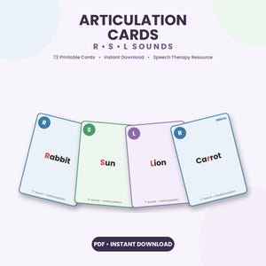 May include: Articulation cards for R, S, and L sounds featuring 72 printable cards. Four sample cards are displayed with the words Rabbit, Sun, Lion, and Carrot, each marked with a colored circle indicating the sound and position.